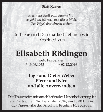 Anzeige von Elisabeth Rödingen von  Sonntags-Post 