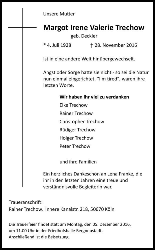  Traueranzeige für Margot Irene Valerie Trechow vom 03.12.2016 aus Kölner Stadt-Anzeiger / Kölnische Rundschau / Express