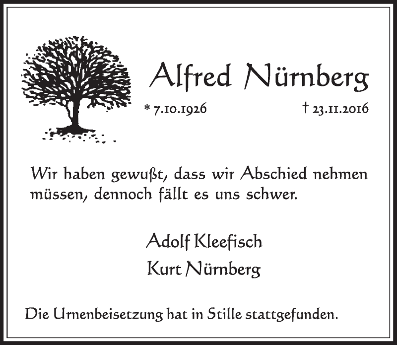  Traueranzeige für Alfred Nürnberg vom 07.12.2016 aus  Wochenende 