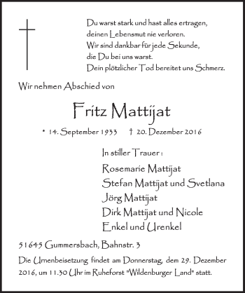 Anzeige von Fritz Mattijat von  Anzeigen Echo 