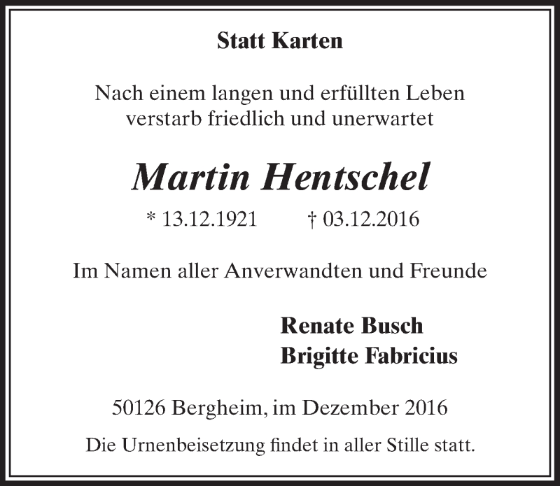  Traueranzeige für Martin Hentschel vom 10.12.2016 aus  Sonntags-Post 