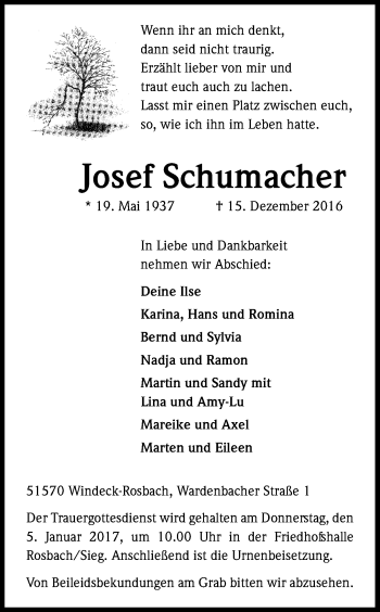 Anzeige von Josef Schumacher von Kölner Stadt-Anzeiger / Kölnische Rundschau / Express