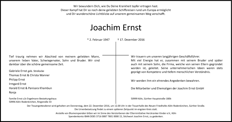  Traueranzeige für Joachim Ernst vom 21.12.2016 aus Kölner Stadt-Anzeiger / Kölnische Rundschau / Express