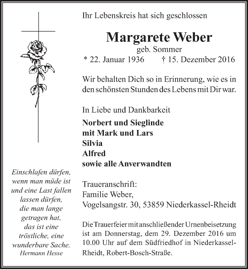  Traueranzeige für Margarete Weber vom 21.12.2016 aus  Extra Blatt 