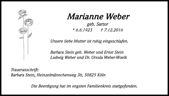 Anzeige von Marianne Weber von Kölner Stadt-Anzeiger / Kölnische Rundschau / Express