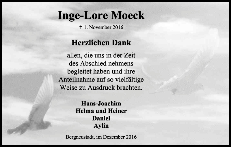  Traueranzeige für Inge-Lore Moeck vom 10.12.2016 aus Kölner Stadt-Anzeiger / Kölnische Rundschau / Express