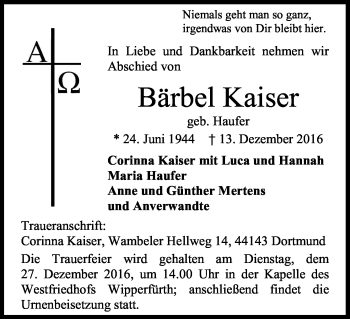 Anzeige von Bärbel Kaiser von Kölner Stadt-Anzeiger / Kölnische Rundschau / Express