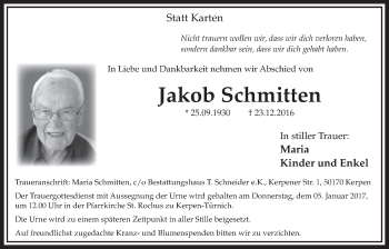 Anzeige von Jakob Schmitten von  Sonntags-Post 