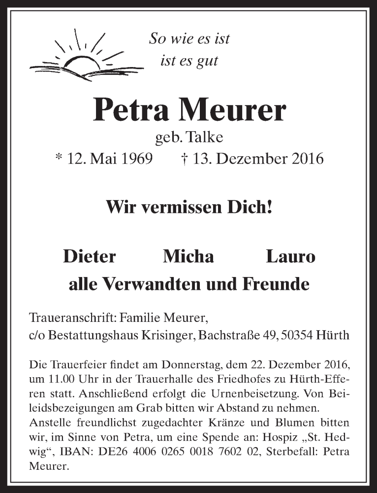  Traueranzeige für Petra Meurer vom 21.12.2016 aus  Wochenende 