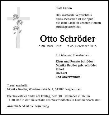 Anzeige von Otto Schröder von Kölner Stadt-Anzeiger / Kölnische Rundschau / Express