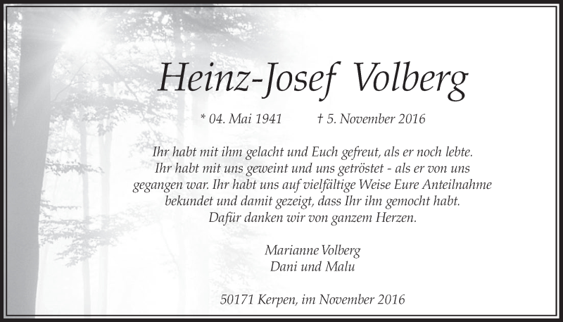  Traueranzeige für Heinz-Josef Volberg vom 03.12.2016 aus  Sonntags-Post 