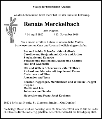 Anzeige von Renate Merckelbach von Kölner Stadt-Anzeiger / Kölnische Rundschau / Express