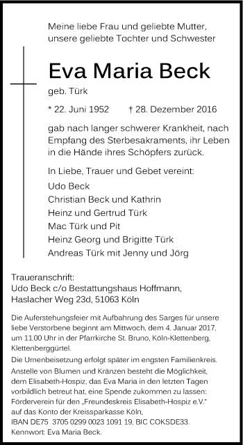 Anzeige von Eva Maria Beck von Kölner Stadt-Anzeiger / Kölnische Rundschau / Express