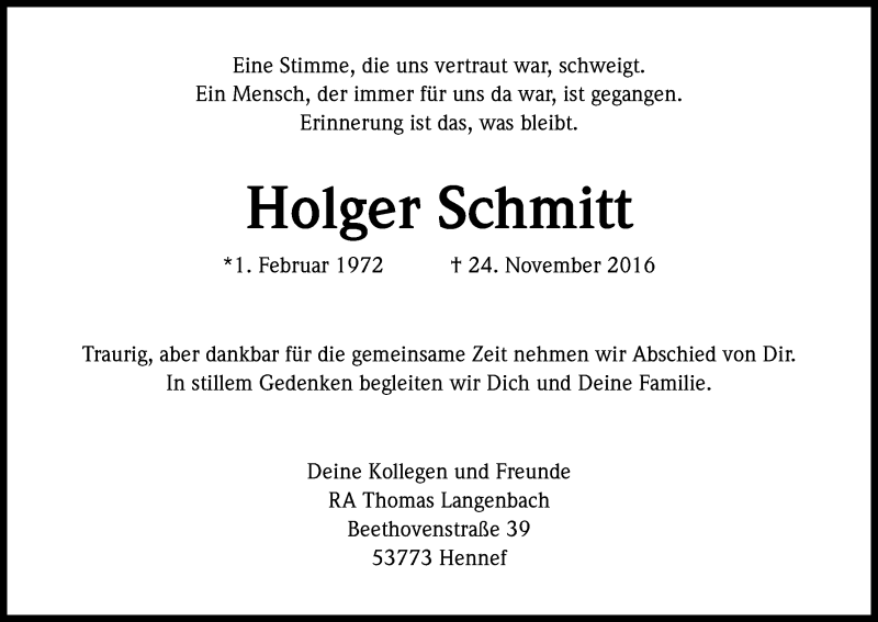  Traueranzeige für Holger Schmitt vom 10.12.2016 aus Kölner Stadt-Anzeiger / Kölnische Rundschau / Express