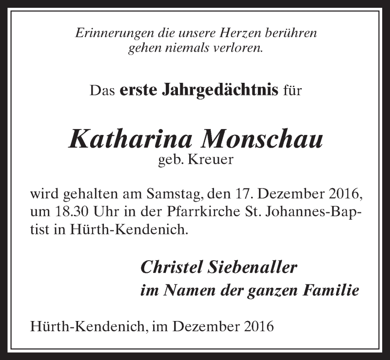  Traueranzeige für Katharina Monschau vom 14.12.2016 aus  Wochenende 