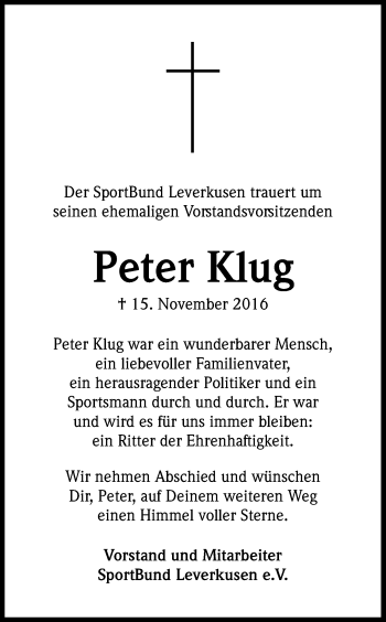 Anzeige von Peter Klug von Kölner Stadt-Anzeiger / Kölnische Rundschau / Express
