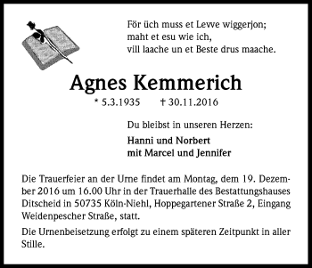 Anzeige von Agnes Kemmerich von Kölner Stadt-Anzeiger / Kölnische Rundschau / Express