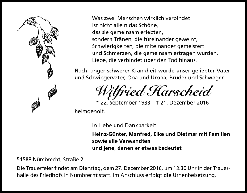  Traueranzeige für Wilfried Harscheid vom 23.12.2016 aus Kölner Stadt-Anzeiger / Kölnische Rundschau / Express