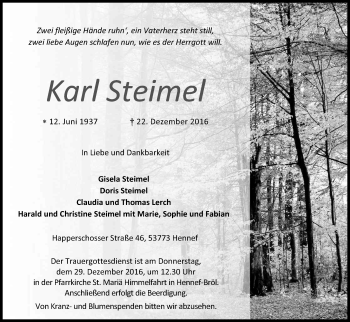 Anzeige von Karl Steimel von Kölner Stadt-Anzeiger / Kölnische Rundschau / Express