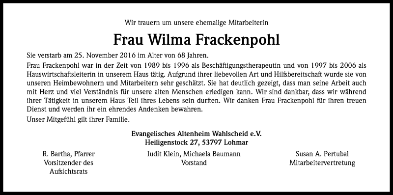  Traueranzeige für Wilma Frackenpohl vom 31.12.2016 aus Kölner Stadt-Anzeiger / Kölnische Rundschau / Express