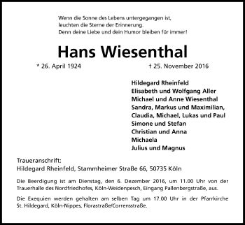 Anzeige von Hans Wiesenthal von Kölner Stadt-Anzeiger / Kölnische Rundschau / Express