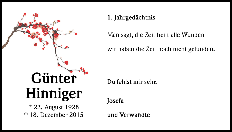  Traueranzeige für Günter Hinniger vom 17.12.2016 aus Kölner Stadt-Anzeiger / Kölnische Rundschau / Express