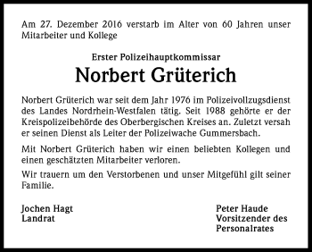 Anzeige von Norbert Grüterich von Kölner Stadt-Anzeiger / Kölnische Rundschau / Express