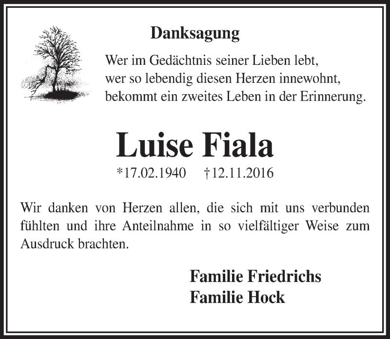  Traueranzeige für Luise Fiala vom 07.12.2016 aus  Lokalanzeiger 