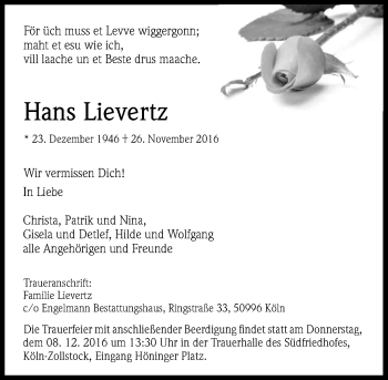 Anzeige von Hans Lievertz von Kölner Stadt-Anzeiger / Kölnische Rundschau / Express