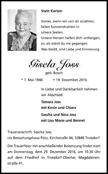 Anzeige von Gisela Joss von Kölner Stadt-Anzeiger / Kölnische Rundschau / Express