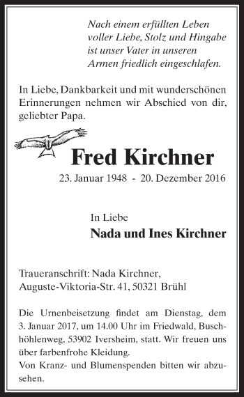 Anzeige von Fred Kirchner von  Werbepost 
