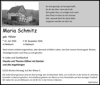 Anzeige von Maria Schmitz von Kölner Stadt-Anzeiger / Kölnische Rundschau / Express