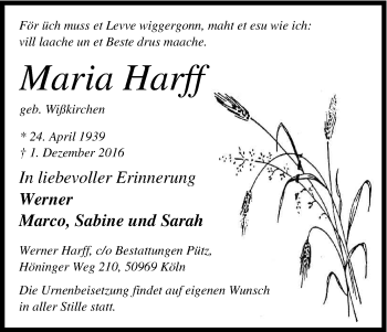 Anzeige von Maria Harff von Kölner Stadt-Anzeiger / Kölnische Rundschau / Express