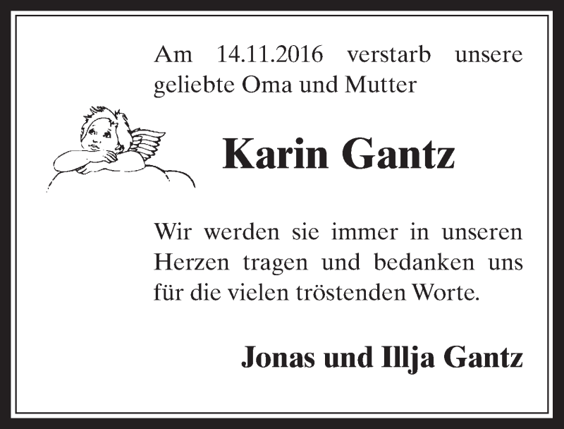  Traueranzeige für Karin Gantz vom 07.12.2016 aus  Werbepost 