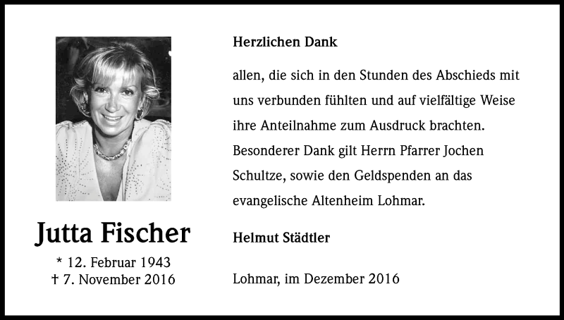  Traueranzeige für Jutta Fischer vom 07.12.2016 aus Kölner Stadt-Anzeiger / Kölnische Rundschau / Express