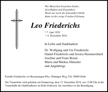 Anzeige von Leo Friederichs von Kölner Stadt-Anzeiger / Kölnische Rundschau / Express