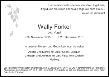 Anzeige von Wally Forkel von Kölner Stadt-Anzeiger / Kölnische Rundschau / Express