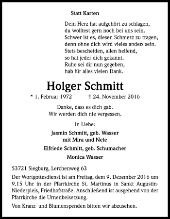 Anzeige von Holger Schmitt von Kölner Stadt-Anzeiger / Kölnische Rundschau / Express