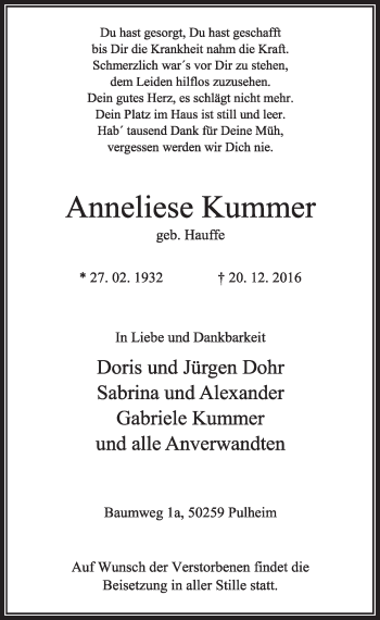 Anzeige von Anneliese Kummer von  Sonntags-Post 