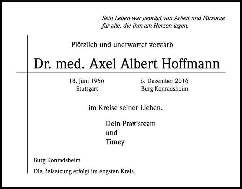  Traueranzeige für Axel Albert Hoffmann vom 17.12.2016 aus Kölner Stadt-Anzeiger / Kölnische Rundschau / Express