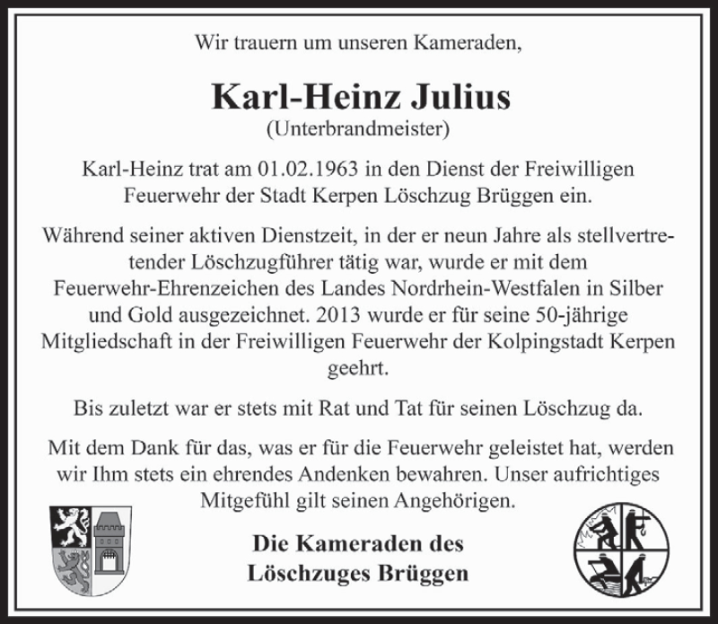  Traueranzeige für Karl-Heinz Julius vom 21.12.2016 aus  Werbepost 