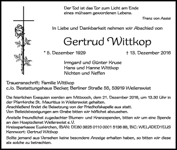 Anzeige von Gertrud Wittkop von Kölner Stadt-Anzeiger / Kölnische Rundschau / Express