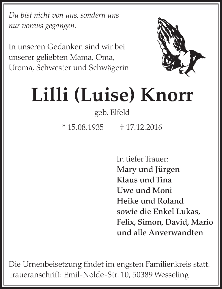  Traueranzeige für Lilli Knorr vom 28.12.2016 aus  Schlossbote/Werbekurier 
