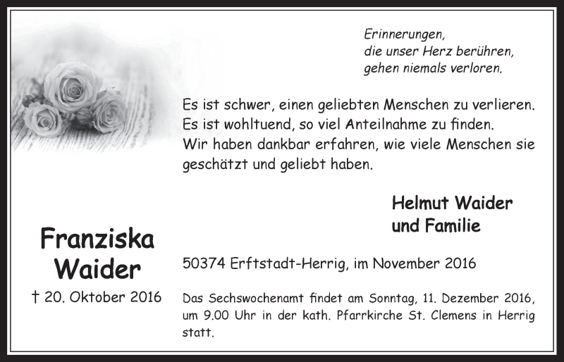  Traueranzeige für Franziska Waider vom 07.12.2016 aus  Werbepost 