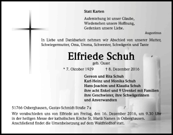 Anzeige von Elfriede Schuh von Kölner Stadt-Anzeiger / Kölnische Rundschau / Express