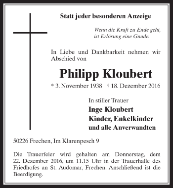 Anzeige von Philipp Kloubert von  Wochenende 