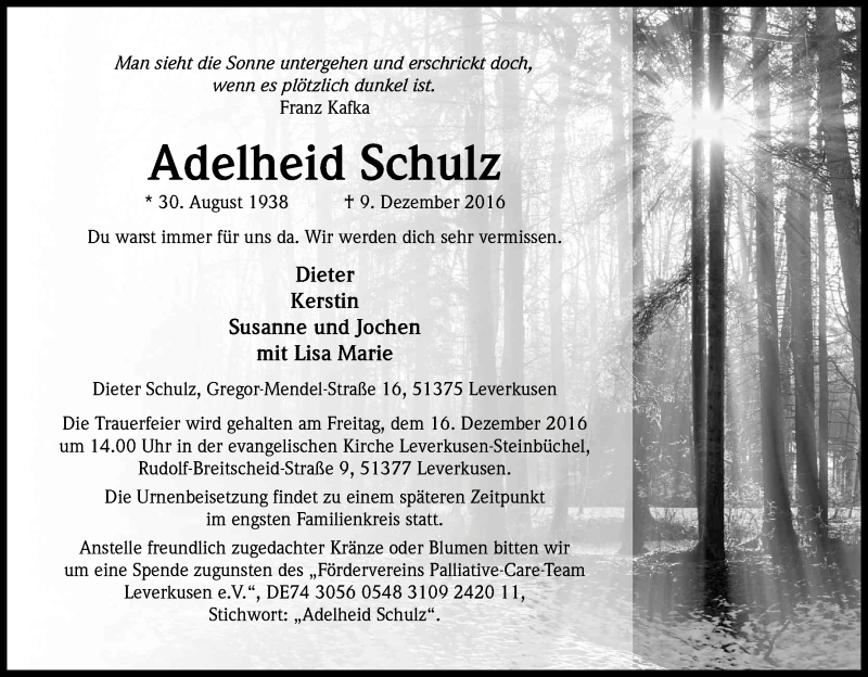  Traueranzeige für Adelheid Schulz vom 14.12.2016 aus Kölner Stadt-Anzeiger / Kölnische Rundschau / Express