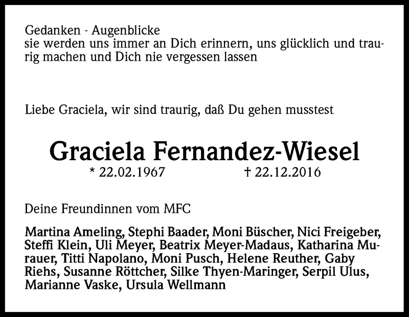  Traueranzeige für Graciela Fernàndez-Wiesel vom 31.12.2016 aus Kölner Stadt-Anzeiger / Kölnische Rundschau / Express