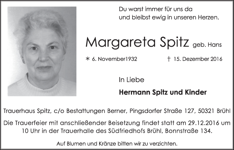  Traueranzeige für Margareta Spitz vom 21.12.2016 aus  Schlossbote/Werbekurier 