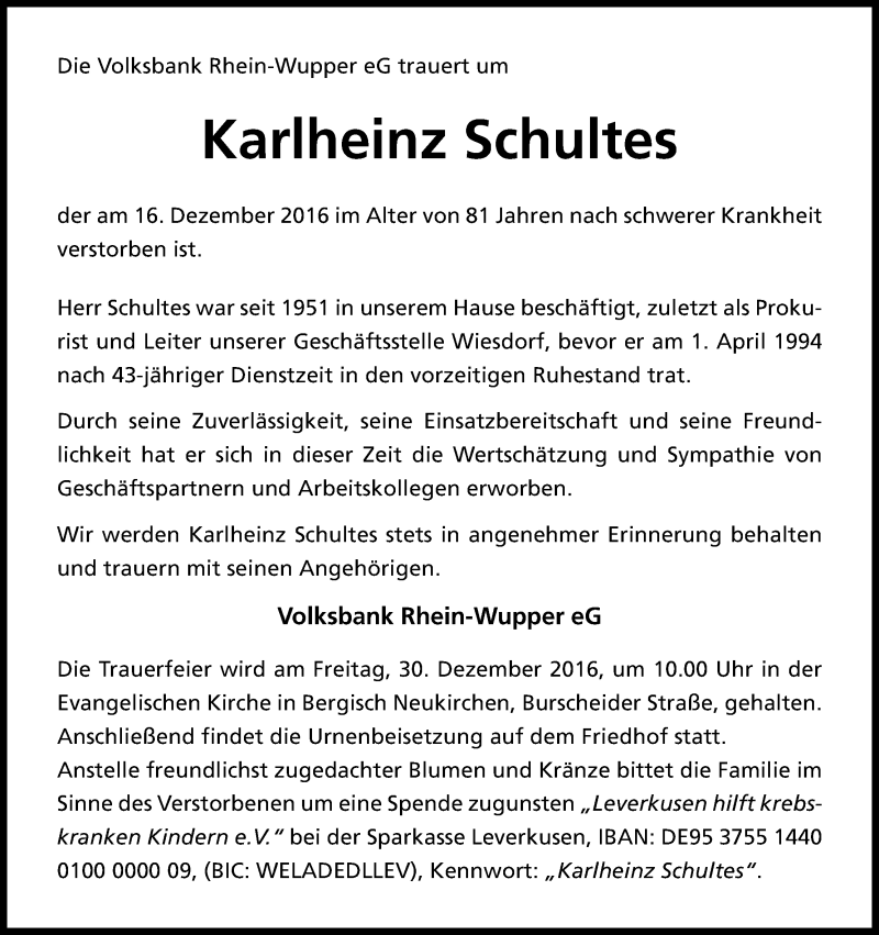  Traueranzeige für Karlheinz Schultes vom 23.12.2016 aus Kölner Stadt-Anzeiger / Kölnische Rundschau / Express